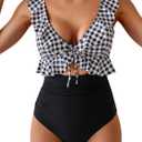 Eomenie One Piece Swimsuit for Women Tummy Control Ruffle Bathing Suit V Neck Ruched Swim Suit Slimming Cutout Swimwear (Black, L)