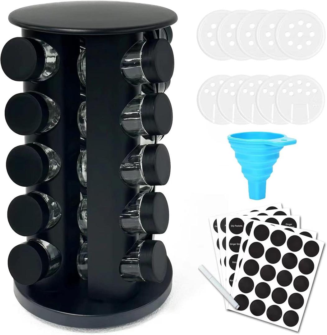 KALINCO Rotating Spice Rack Organizer, Revolving Spice Rack for Cabinet, Stainless Steel Spice Organizer with Jars(20-Jar) Black