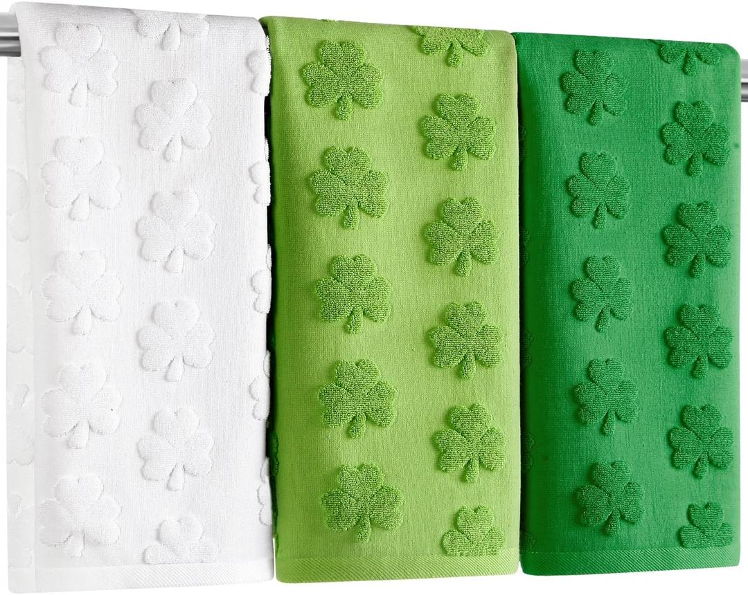 3 Pack St. Patrick's Day Hand Towels Green White Clover Shamrocks 100% Cotton Decorative Bathroom Towels Set for Drying, Cleaning, Cooking, Everyday Use,13.7'' x 29.5''