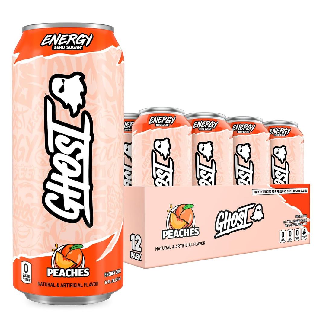 GHOST Energy Drink - 12-Pack, Peaches, 16oz - Energy & Focus & No Artificial Colors - 200mg of Natural Caffeine, L-Carnitine & Taurine - Gluten-Free & Vegan (EXP 08/31/27)