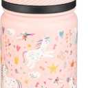 Fanhaw 14 Oz Kids Insulated Water Bottle with Straw - Stainless Steel Double Wall Vacuum Cup, Leakproof, BPA Free, Suitable for Boys and Girls(Pink - Unicorn Fields)