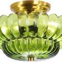 Flush Mount Ceiling Light Green Glass Light Brushed Brass Modern Light Fixture for Living Room Kitchen Bedroom Hallway 3 Bulbs(Bulb Not Included)