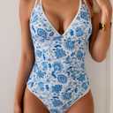 B2prity Women's V Neck One Piece Swimsuit Tummy Control Slimming Bathing Suit Double Straps Crisscross Back Swimwear (L)