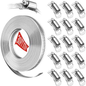 Hose Clamps 30FT Strap+15 Fasteners,DIY Cut-To-Fit 304 Stainless Steel Adjustable Large Worm Gear Band Clamp Assortment Kit,Metal Screw Fasteners and Strapping for Pipe,Duct,Pole,Tube