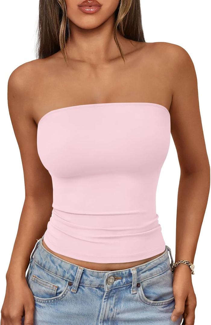 AUTOMET Womens Seamless Strapless Bandeau Tube Tops Stretchy Summer Going Out (Pink, M)