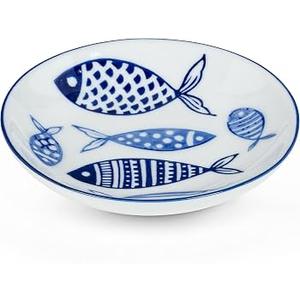 Abbott Collection Home and Kitchen Décor - Round Shallow Porcelain Serving Dish, 4" Diameter, White and Blue Fish Motif – Nautical Inspired Appetizer Plate, 2 Packs