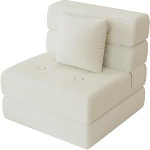 Folding Sofa Bed, Convertible Sleeper Chair & Couch Bed with Pillow, One-Piece High-Density Sponge Mattress, Multi-Purpose Corduroy Floor Sofa for Living Room, Office, Apartment, Beige, Single