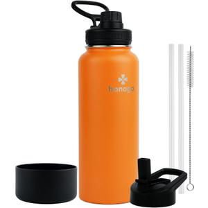 40 oz Double Wall Insulated Metal Water Bottle for Men, Women & Kids, 18/8 Stainless Steel Wide Mouth Thermal Flask with Straw Lid & Spout Lid, Leak Proof, Keep Hot and Cold (Orange, 40 oz)