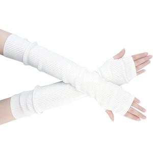 Winter Fingerless Long Gloves for Women Cashmere Blended Knitted Arm Warmers Super Soft Black Arm Sleeves (White)