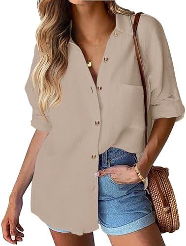 HOTOUCH Womens Linen Button Down Shirt Casual Long Sleeve Cotton Blouse Loose Fit Collared Work Gauze Tops with Pocket M