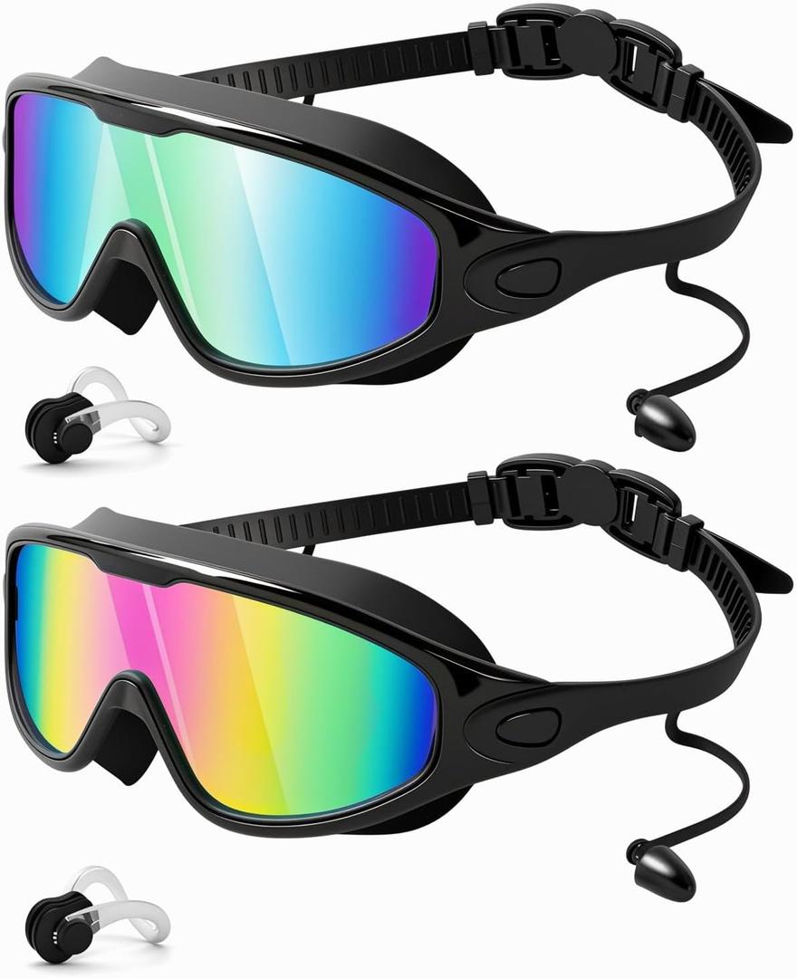 Swim Goggles 2 Pack, Wide View Anti Fog&UV Swimming Goggles for Audlt, No Leak Pool Beach Essentials for Men Women (Large for Adults, Aqua & Birght Rose)