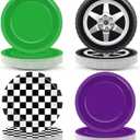 60Pcs Monster Truck Party Paper Plates Green Purple Monster Truck Birthday Party Supplies 7 Inch Black and White Checked Theme Disposable Dinner Dessert Cake Plates for Kids Racing Car Birthday Decor