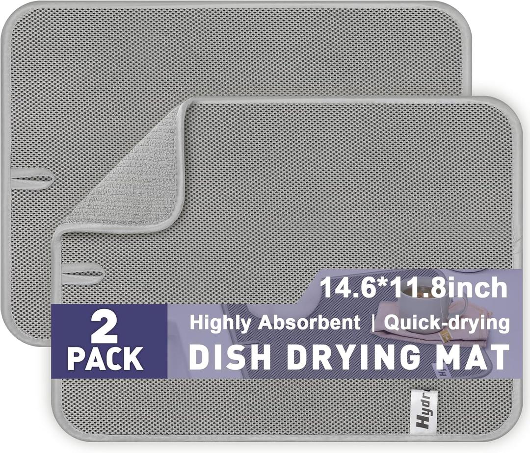 14.6*11.8 inch Microfiber Dish Drying Mat,2 Compact Ultra Absorbent Dish Mat Drying Kitchen Mat,Small Dish Drying Mats for Kitchen Counter,Draining Racks,Sinks (Gray)