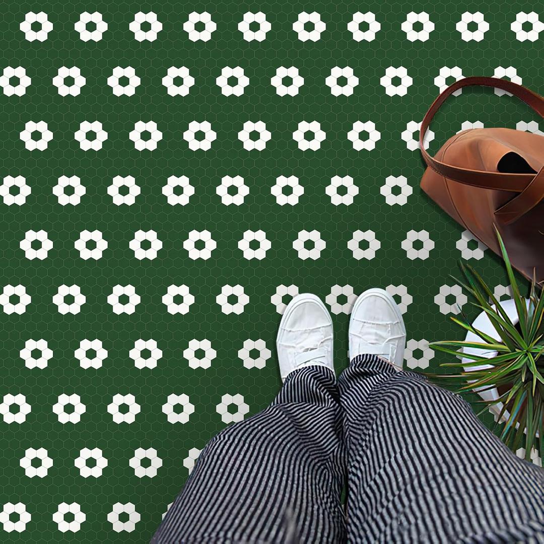 MORCART 20 Pack Peel and Stick Floor Tile, 7.87" x 7.87" Vinyl Flooring Waterproof, DIY Flooring for Bathroom, Kitchen, Fireplace, Pet House, Stairs, Bedrooms, Wall Dark Green White (1543 white flowers+green bg)