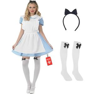 fun shack Womens Alice Costume, Blue Dress, Alice Costume, Fairy Tale Costumes, Halloween Costumes for Women Adult (Small)