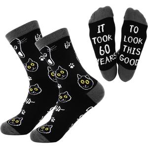 Cat Socks for Women - 60th Birthday Gifts Party Favors for Women, Novelty Cute 60 Year Old Birthday Decorations, Black Gift Idea for Cat Lovers, Funny Gifts for Mom Grandma