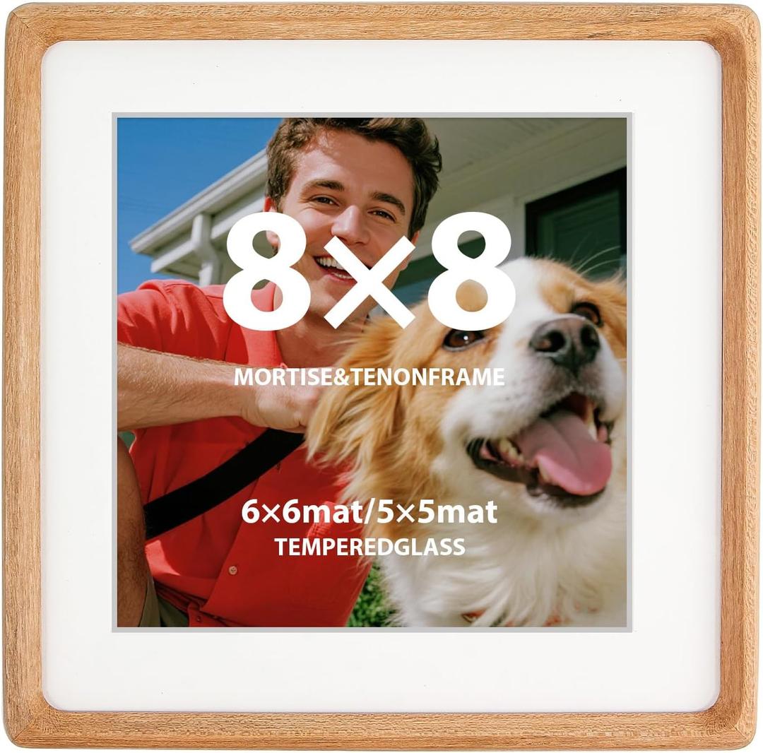 8x8 Teak Wood Picture Frame with Real Glass and Double Mat  Fits 6x6 or 5x5 Photos, Natural Wooden Square Frame for Wall or Tabletop Display