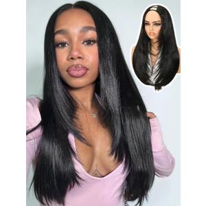 Quantum Love Yaki Straight Layered U Part Wigs V Part Glueless Clip in Half Wigs for Women Realistic Natural Looking Heat Resistant Synthetic Hair(24inch,Natural Black)