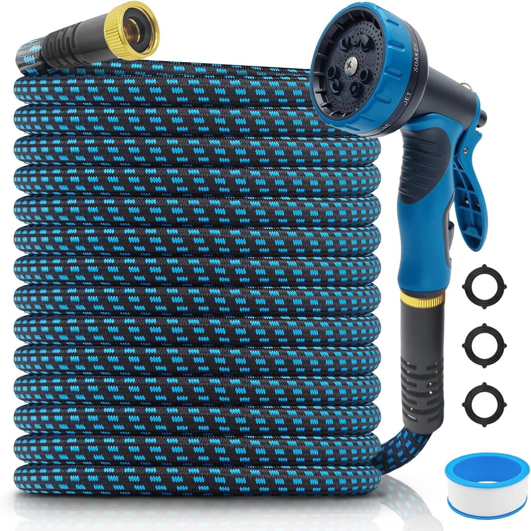 garden hose, non-extendable and ultra-lightweight 25 ft, equipped with 10-function nozzle. Kink-free, sturdy, flexible, and wear-resistant, suitable for use in yards, lawns, and outdoors (25 FT)