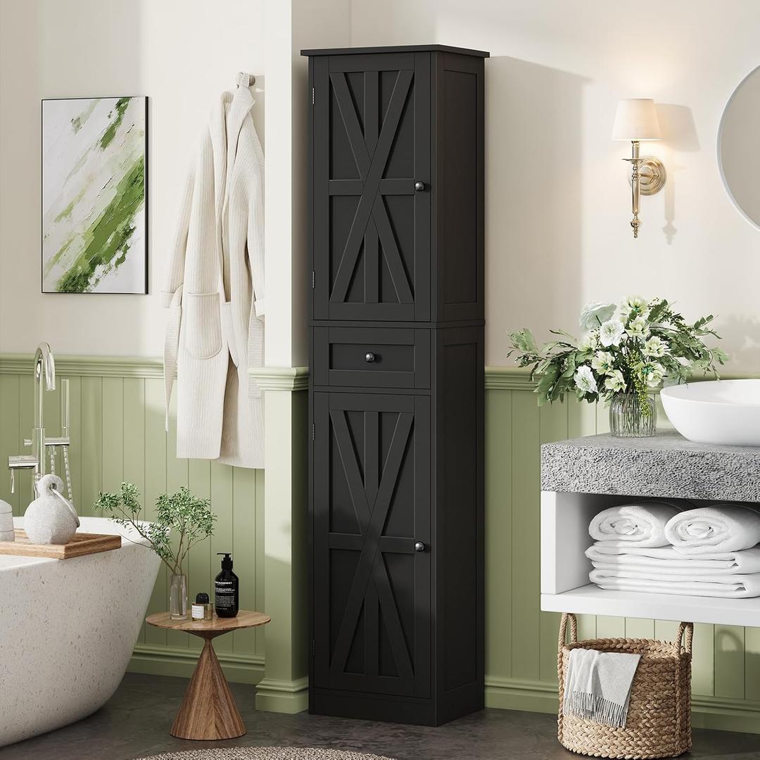 67" H Tall Bathroom Cabinet, Narrow Storage Cabinet with 2 Barn Doors and 1 Drawer, Freestanding Floor Cabinets with 6 Shelves for Bathroom, Living Room, Kitchen, Black