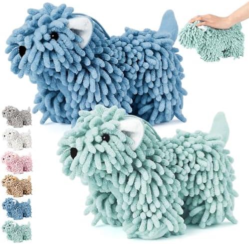 Tegeme 2 Pcs Chenille Dog Hand Towel Fuzzy Dog Towel Absorbent Microfiber Soft for Bathroom Kitchen Washstand (Green Blue)