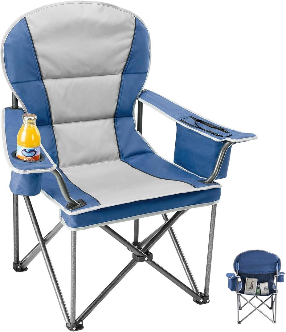 OLIXIS Folding Camping Beach Chair, Outdoor Heavy Duty Lawn Chair with Cup Holder, Non-Slip Feet, Cooler Bag, Portable Collapsible for Hiking Beach Sports, Blue Grey