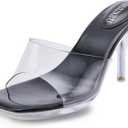 NBUUNBU Clear Heels for Women Sexy Platform High Kitten Heel Transparent Straps Shoes Square Toe Stiletto Comfortable Sandals Mules Pumps, 43, Black 10.5