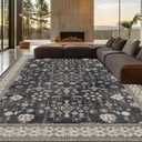 8x10 Washable Area Rugs for Living Room, Non-Slip Stain Resistant Soft Vintage Extra Large Area Rug, Low Pile Indoor Boho Rug for Bedroom Dining Room Farmhouse (Charcoal Blush Ivory)