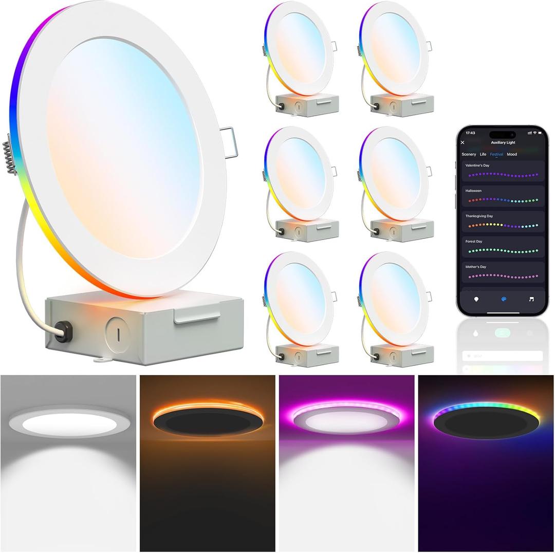12W Smart Recessed Downlights 6 Inch, RGBCW Wi-Fi LED Retrofit Light, Compatible with Alexa/Google Assistant, Sync to Music Mode & Multiple DIY Scene Mode with Junction Box, 6 Pack 12W Smart Recessed Downlights 6 Inch, RGBCW Wi-Fi LED Retrofit Light, Compatible with Alexa/Google Assistant, Sync to Music Mode & Multiple DIY Scene Mode with Junction Box, 6 Pack