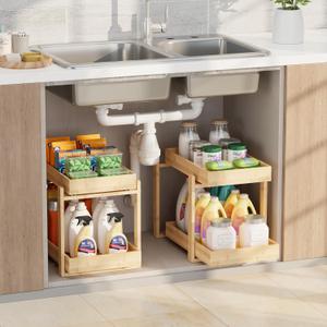 2 Pack Under Sink Organizer, Bamboo Wooden 2-Tier Pull-Out Storage with Sliding Drawers for Kitchen and Bathroom Cabinets, Easy Installation (Natural, 2 Packs)