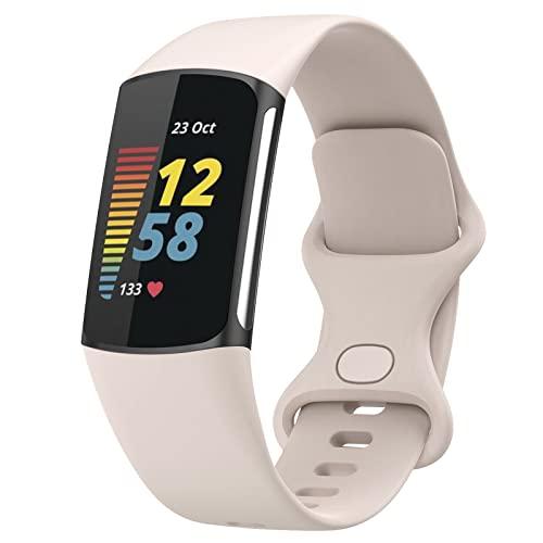 TopPerfekt Bands Compatible with Fitbit Charge 6, Adjustable Soft Silicone Sport Replacement Watch Band Straps Wristbands Bracelet for Charge 6/5 Activity Tracker Women Men (Moon white, Small)