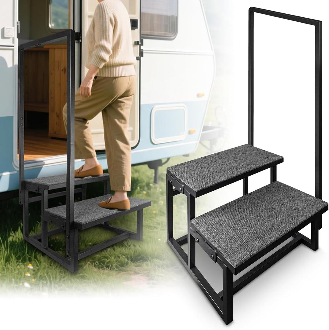 2-Step RV Steps with Handrail, Assist Handle with Anti-Slip Mat & Base Support, Portable Stairs for Elderly, Hot Tub, Camper, Mobility Aid Step Stool