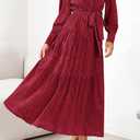 dowerme Women's Casual Dresses 2025 Fall Fashion Long Sleeve Button Up Floral Print Belted Tiered Boho Maxi Party Dress (Red, M)
