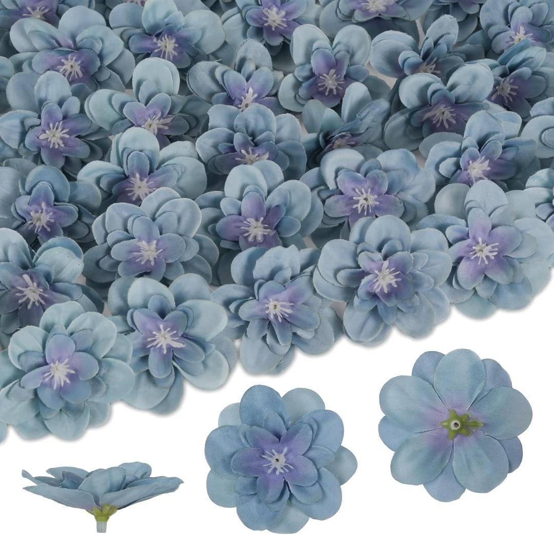 100PCS Dusty Blue Delphinium Artificial Flower Heads 2.3" Small Fake Flowers Silk Flowers for Crafts DIY Wedding Corsage Cake Decor(Dusty Blue)