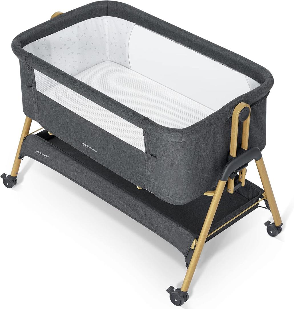ANGELBLISS Baby Bassinet, Bedside Sleeper, Easy Folding Bedside Crib with Breathable & Washable Mattress Baby Bed, 6-Level Adjustable Portable Bassinets for Safe Co-Sleeping for Newborn Infant