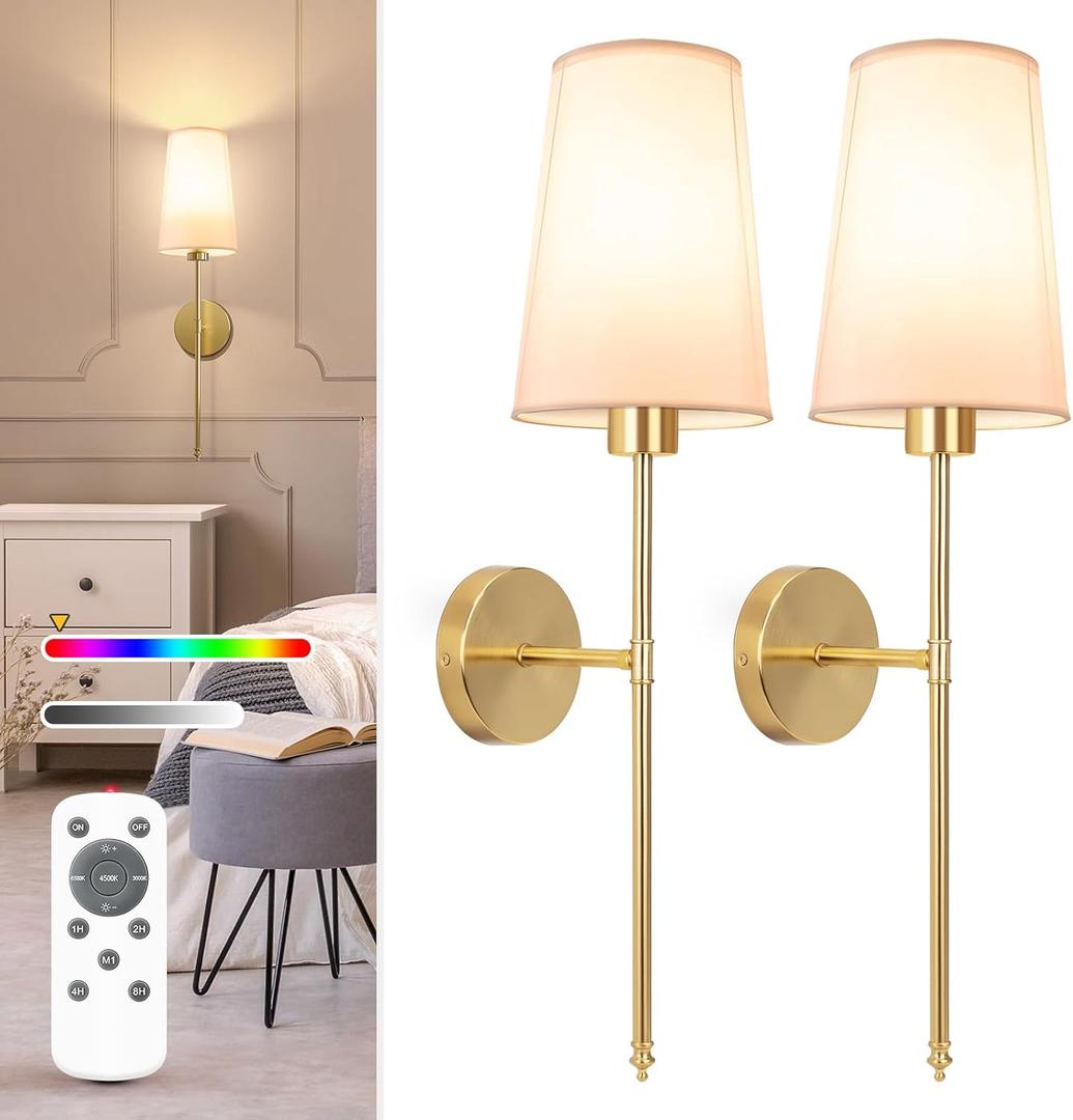 NIORSUN Gold Battery Operated Wall Sconce Set of 2,Rechargeable Wall Lights with 5200mAh Dimmable Detachable Bulbs and Remote,9 Colors Wireless Sconces for Bedroom Living Room Hallway