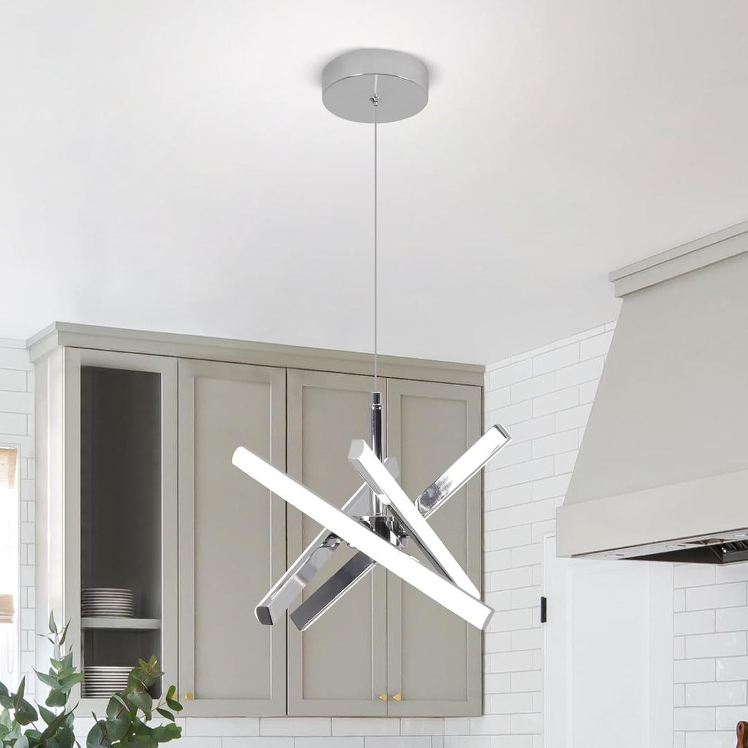Modern Pendant Lights 24W Modern Ceiling Hanging Fixture White 4500K Chrome LED Chandelier for Kitchen Island Dining Room Living Room Bedroom Study Hallway Stairs