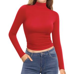 MANGOPOP Women's Turtleneck Mock Neck Shirt Double Lined Long Sleeve Short Sleeve Tops for Women Basic T Shirts Tight Tee (Red, M)