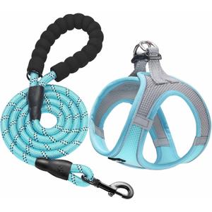 haapaw Dog Harness with Leash Set, No Pull Adjustable Reflective Step-in Puppy Harness with Thickened Padded Vest for Extra-Small/Small Medium Dogs (Grey / Blue)