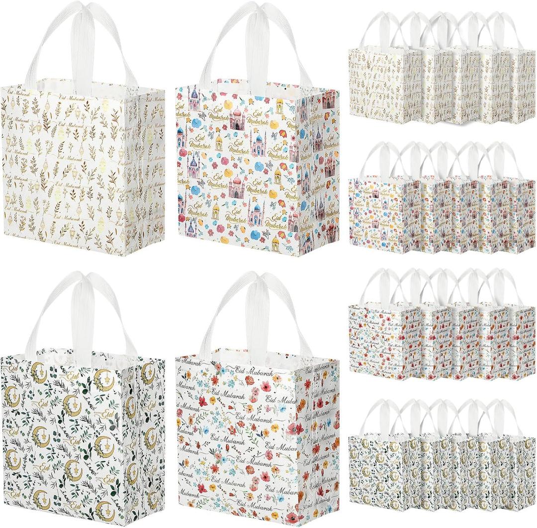 Amylove 24 Pcs Reusable Eid Mubarak Gift Bags with Handles Non Woven Ramadan Goodie Bags Eid Mubarak Party Favor Treat Gift Wrapping Shopping Tote Ramadan Party Supplies 9.2" x 8.7" x 4.3"
