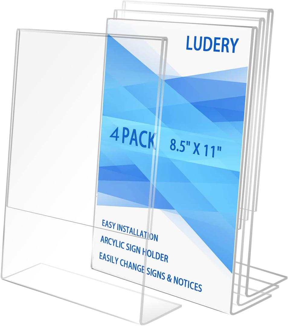 8.5x11 Inches Acrylic Sign Slant Back Holder, Plastic Display Stand,Brochure Holder, Table Top Sign Holder For Office, Home, Store, Restaurant (4pack)