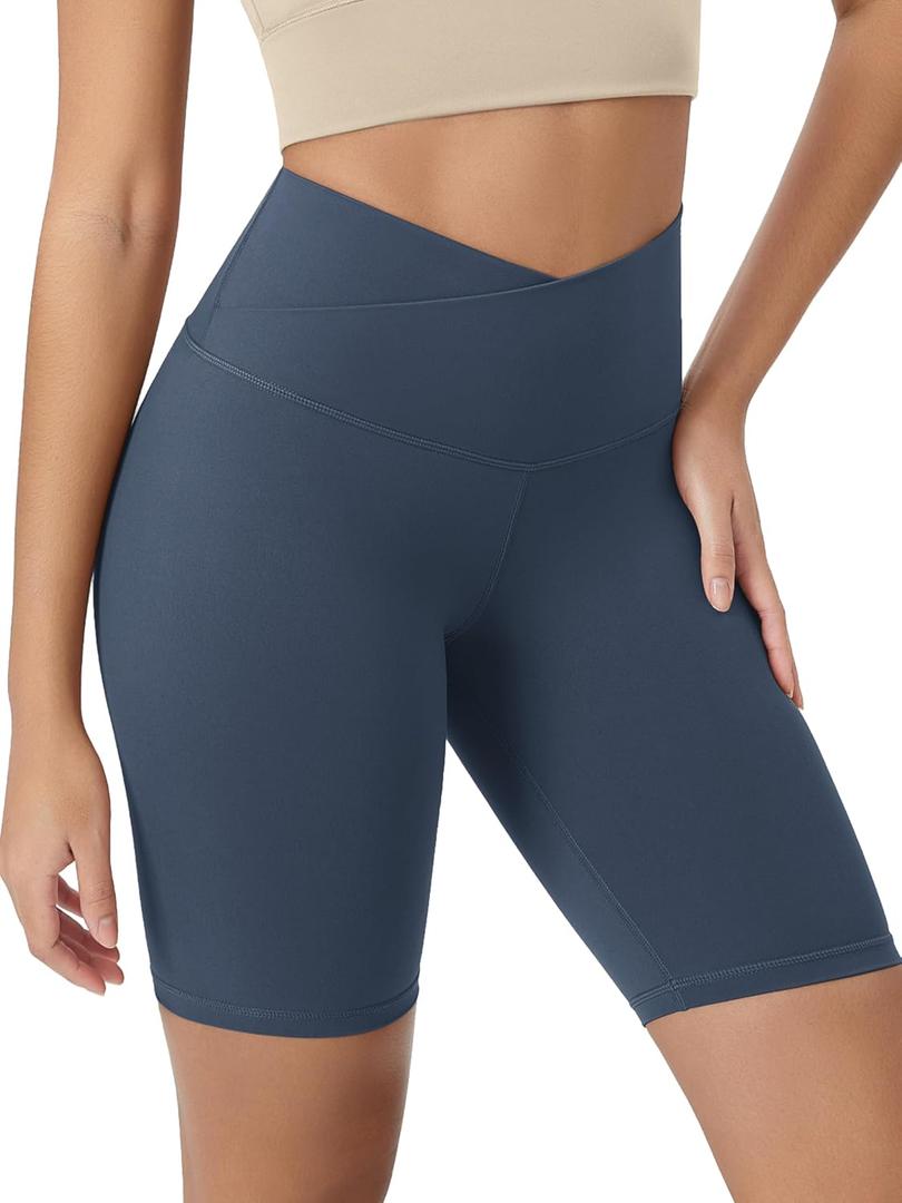 ODODOS Women's Crossover Yoga Shorts with Back Pocket, 8" Buttery Soft V High Waist Lounge Biker Shorts, Ink Blue, Small (Blue, S)