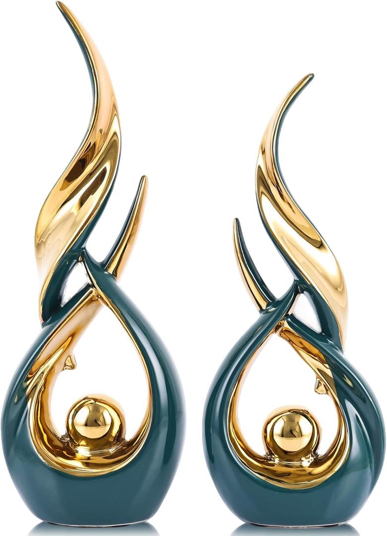 XMGZQ Gold Ceramic Abstract 2 Piece Statue Set,Mid Century Modern Abstract Art Home Decor Statue Mantelpiece on Unique Shelf Decor, TV Cabinet Divider Table top and Dining Table Centerpiece (Green)