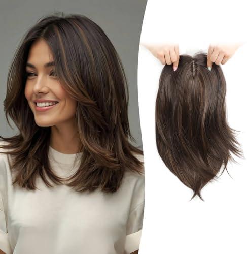 360 Hair Topper 12inch Clip in Synthetic Hair Toppers for Women with Thinning Hair Layered 6.5"X6.5" Big Base Toppers Hair Pieces for Women Natural Look Medium Brown with Highlights 360 Hair Topper 12inch Clip in Synthetic Hair Toppers for Women with Thinning Hair Layered 6.5"X6.5" Big Base Toppers Hair Pieces for Women Natural Look Medium Brown with Highlights