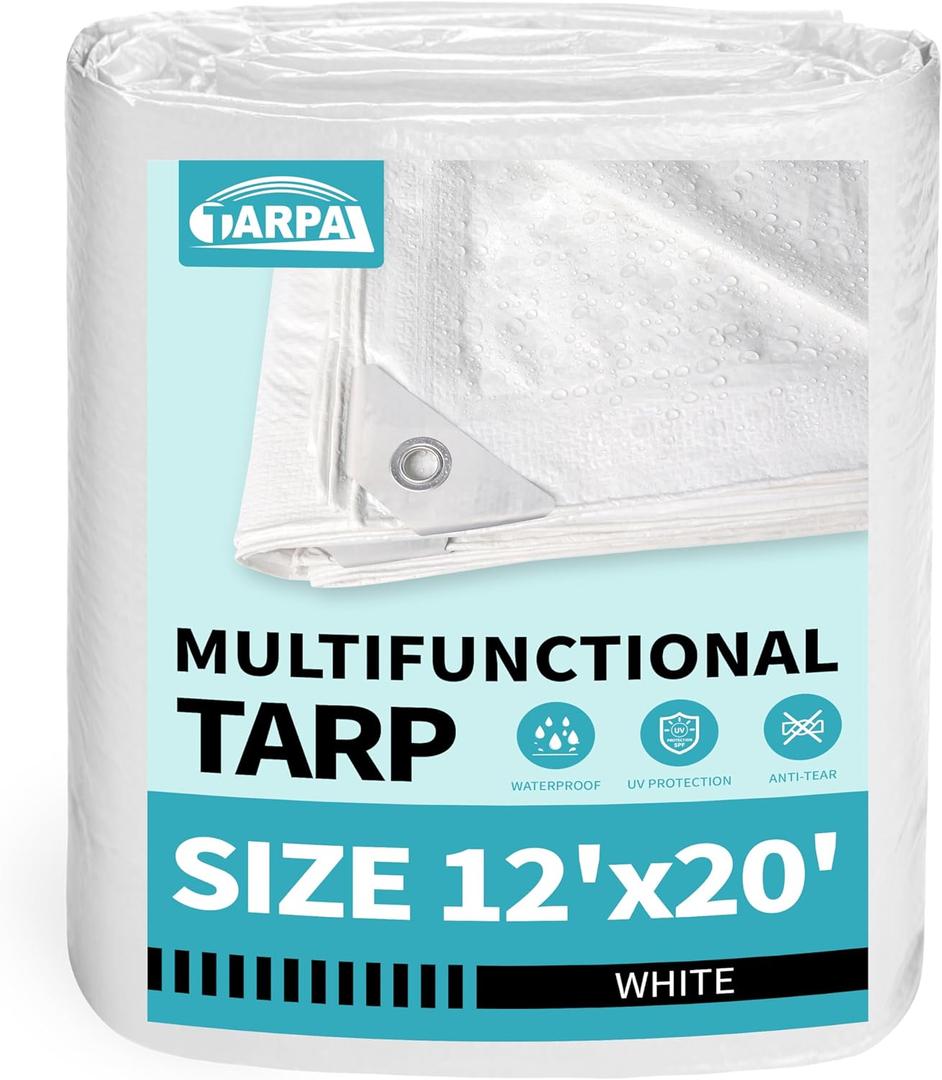 TARPAL 12x20 Feet White Tarp Waterproof Multipurpose Protective Cover All Purpose Outdoor Poly Tarps Cover for Shed, Camping, Farm,Firewood, Boat,Outdoor Furniture, Roof Waterproofing