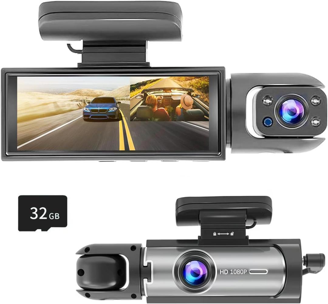 1080P Dual Camera Dash Cam for Cars, Driving Recorder with IR Night Vision, Loop Recording, Wide Angle Lens - 3.16 Inch IPS Screen,Parking Mode, Car Camera with 32GB TF Card