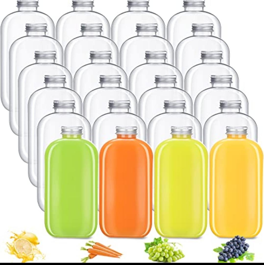 Thenshop 24 Pack Plastic Bottles with Caps, Clear Juice Bottles Flat Water Bottle Plastic Flask Bottle Reusable Mini Beverage Container for Drinks, Milk, Tea, Alcohol, Liquor (12 oz) Missing Pieces, (Only 12 Lids & 14 Bottles)