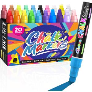 Window Chalk Markers for Cars Glass Washable, 20 Colors Jumbo Liquid Chalk Marker Pens with 10mm 3 in 1 Nib Wide Tips, Big Chalkboard Markers Car Window Paint Pens for Auto, Bistro, Mirror, Poster