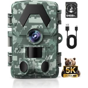 Trail Camera, 5K 60MP Game Camera with 130Wide Angle, IP66 Waterproof Night Vision with No Glow Infrared LEDs, 0.05s Trigger Motion Activated for Wildlife, Green