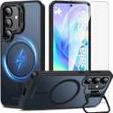 Fin2feel for Samsung Galaxy S24/S25 Case 6.2inch, with Tempered Glass Screen Protector, Magnetic [with Camera Stand Guard] Shockproof Translucent Matte Protective Case for Samsung S24/S25 (Black)